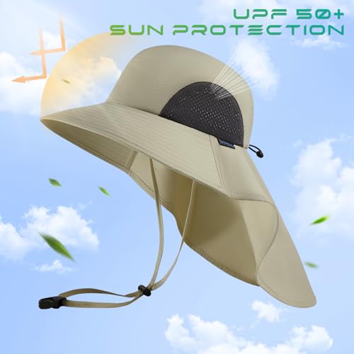 UV Protection Foldable Sun Hat with Wide Brim and Neck Flap - One Size Beige