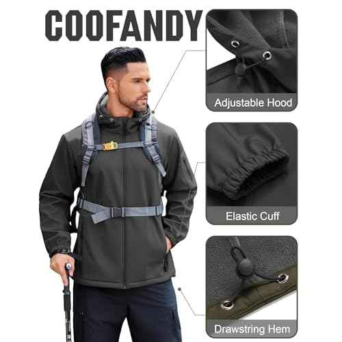 COOFANDY Men's Hooded Softshell Jacket Waterproof Fleece Lined Windbreaker Lightweight Outdoor Hiking Jacket
