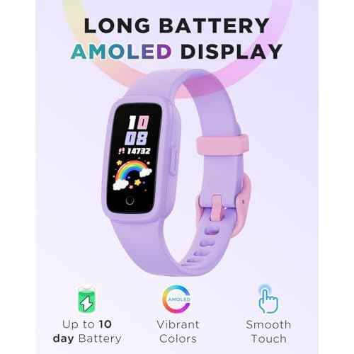 BIGGERFIVE Vigor 3 Kids Fitness Tracker Watch, AMOLED Screen, No App No Phone Needed, 3ATM Waterproof, Heart Rate and Sleep Monitor, Pedometer Watch, Sports Step Counter for Girls Ages 5-15, Lilac