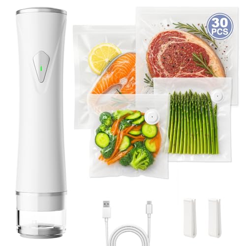 Handheld Food Vacuum Sealer with 30 Reusable Bags - White - Compact & Cordless