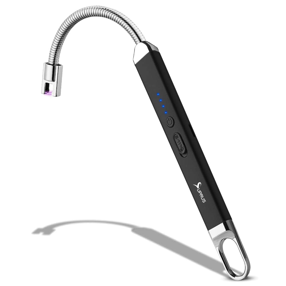SUPRUS Lighter Rechargeable USB Lighter Arc Electric Lighetrs with Safety Switch 360° Flexible Neck Flameless Grill Long Lighters for Candle Camping Cooking (Black)
