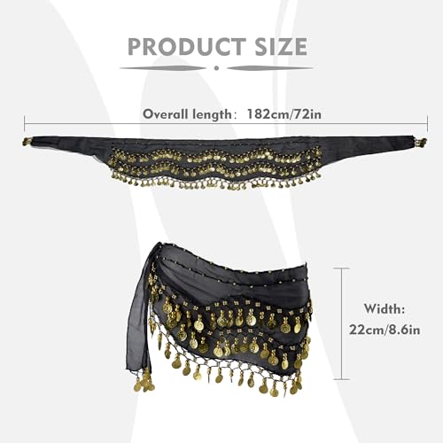Black Belly Dance Hip Scarf with 128 Gold Coins for Women - MOLFUJ