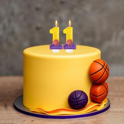 Basketball Number 11 Birthday Candle - Purple Gold Cake Topper for Sports Party