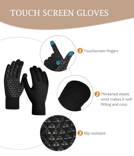 Winter Beanie Hat and Touchscreen Gloves Set for Men Women - Black, One Size