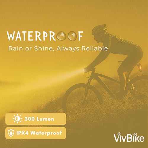 VivBike Rechargeable Bicycle Lights Bright LED Headlight and Taillight, USB Rechargeable, Waterproof, Easy Mount | A HerTime2 Brand