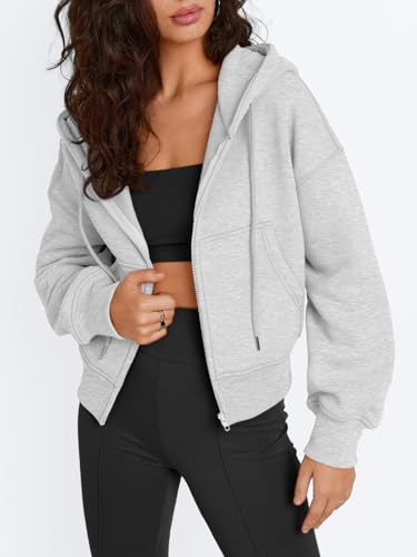 Trendy Queen Women's Zip Up Cropped Hoodie Grey Medium Drop Shoulder Casual Sweatshirt