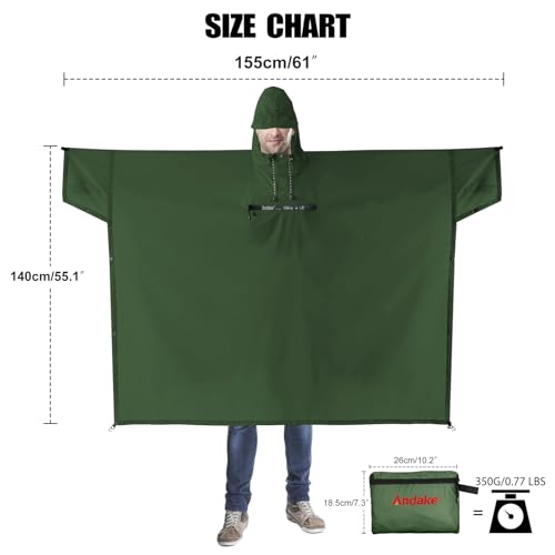 Andake Waterproof Rain Poncho for Adults Unisex with Transparent Viewing Window - One Size Dark Green