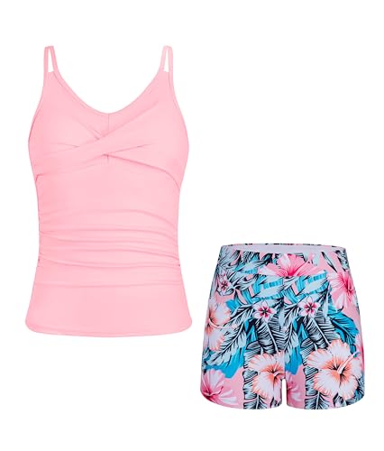 Pink Floral Tween Girls Tankini Swimsuit 2 Piece Bathing Suit with Chest Pad - Size 10