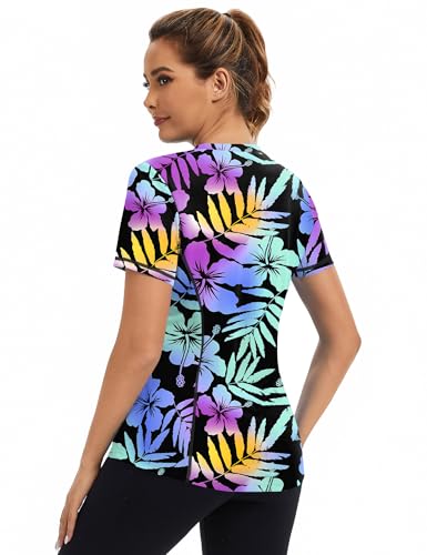 Avoogue Women's Short Sleeve Workout Top UPF50+ Sun Shirt - Large / Colorful Leaves