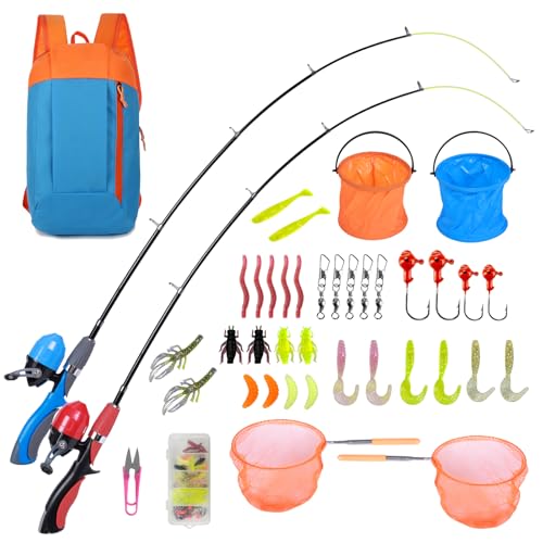 Kids Fishing Pole Set 2 Pack - Portable Rod and Reel Combo for Children
