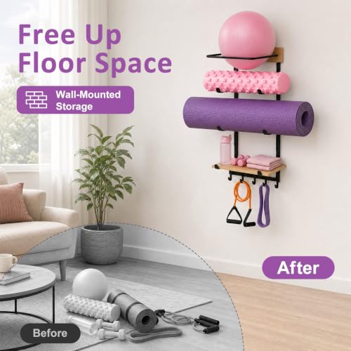 Yoga Mat & Ball Wall Mount Organizer with Adjustable Pine Shelf and Hooks