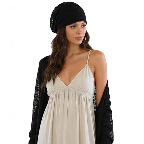 Pemilosci Crochet Slouchy Beanie Hat Turbans Headwear for Women - Black
