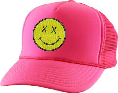 Adult Trucker Hat Smile Face Embroidered Baseball Cap - Neon Pink, One Size
