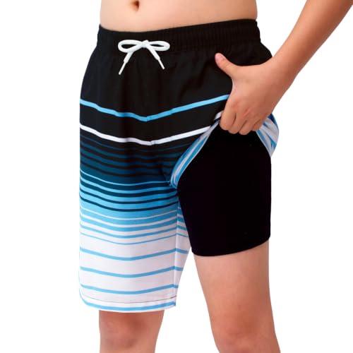 Kids Swim Trunks 2-in-1 Bathing Suit with Quick Dry Board Shorts & Compression Liner - Sky Blue Stripes, Size 14-16