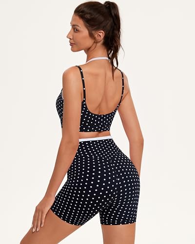 OMKAGI Women's Workout Sets Polka Dot Black White 4.5-Inch Shorts & Sports Bra