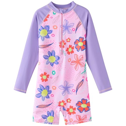 Girls Long Sleeve Rash Guard One‑Piece Bathing Suit - Pink Sunflower, 6 Years