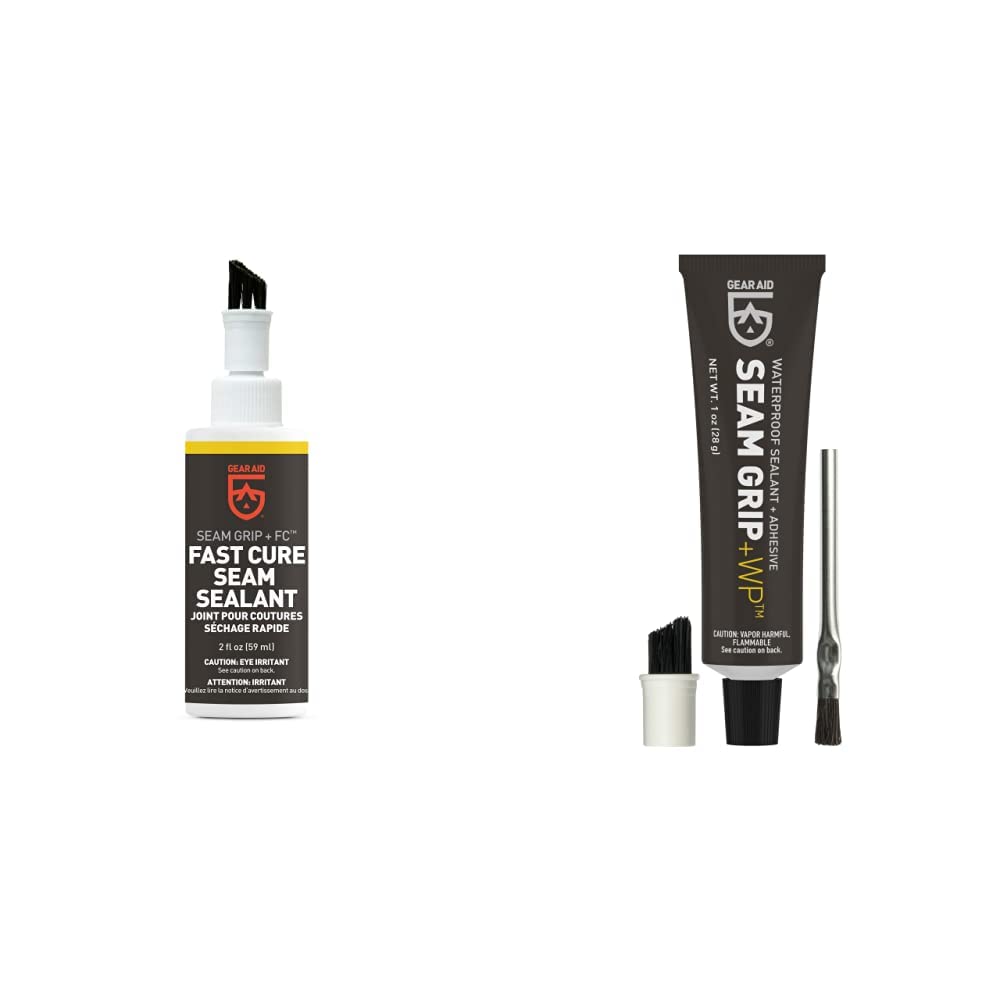 GEAR AID Seam Grip FC Fast Cure Sealant for Nylon and Polyester Tents, Tarps, Awnings, Clear, 2 oz Seam Grip WP Waterproof Sealant and Adhesive for Tents and Outdoor Fabric, Clear, 1 oz