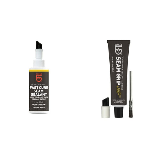 GEAR AID Seam Grip FC Fast Cure Sealant for Nylon and Polyester Tents, Tarps, Awnings, Clear, 2 oz Seam Grip WP Waterproof Sealant and Adhesive for Tents and Outdoor Fabric, Clear, 1 oz