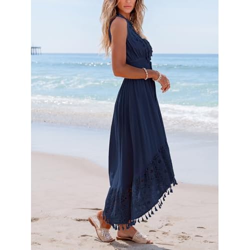 CUPSHE Women's Maxi Dress V Neck Sleeveless Lace Tassel Smocked Waist Cover Up Beach Formal Long Dress