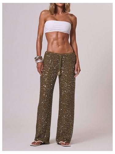 Women's Sequin Crochet Cover Up Pants - Hollow Out Beach Swimwear Medium Brown Green