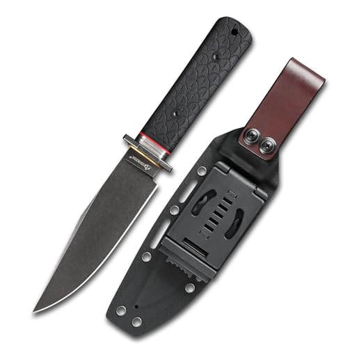 DC53 Steel Fixed Blade Hunting Knife with Sheath - Tactical Outdoor Survival Knife, Black Stone Wash