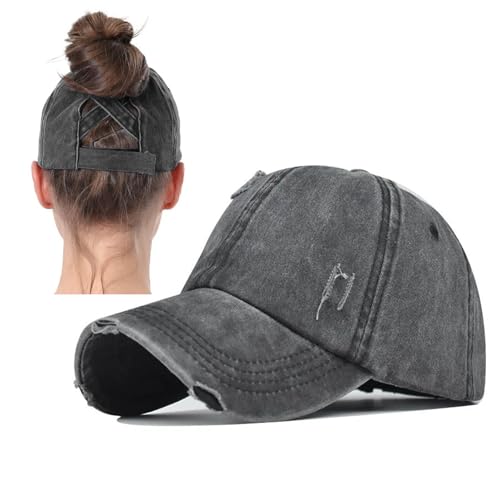 Black Navy Distressed Ponytail Hat for Women - Criss Cross Baseball Cap with High Bun, 2 Pack