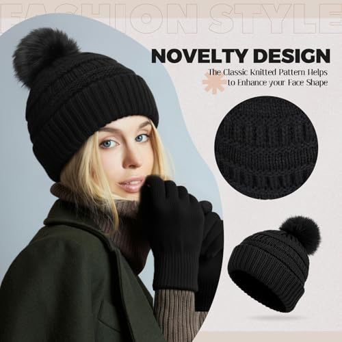 Women Knitted Beanie Hat and Gloves Set - Winter Gift for Women - Black