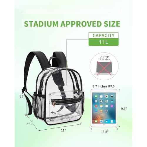 MAY TREE Clear Backpack for Stadium Events, 12x11x5 Inches Small Clear Backpack for Concert Festival Sports Outdoor - Black
