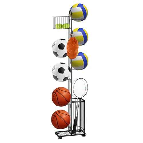 melos 7 Tier Basketball Ball Storage Rack, Freestanding Basketball Holder Garage Ball Storage Sport Organizer Rack with Basket for Volleyball Football Basketball, Indoor/Outdoor