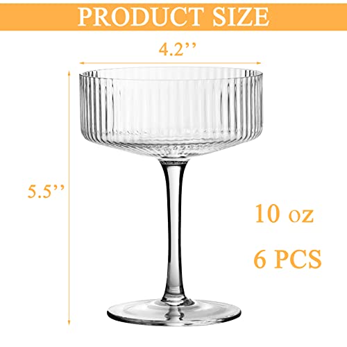 6 Pack Ribbed Coupe Cocktail Glasses - 10 oz Classic Martini Set with Gift Box