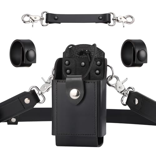 Black Leather Firefighter Radio Holster Set with Anti-Sway Strap for Motorola APX Series