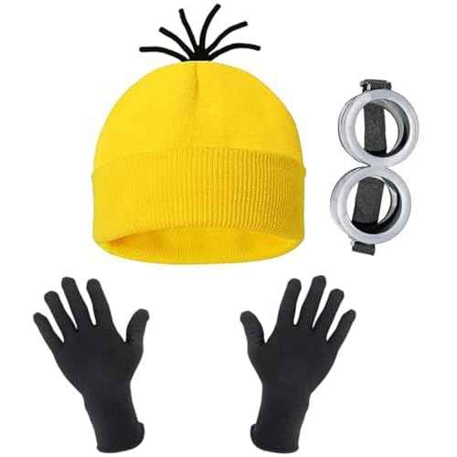 3 Pcs Halloween Costume Accessories Set Adult, Goggles Glasses, Yellow Beanie Knitted Hat, Black Gloves for Men Women Cosplay Party Halloween Dress Up