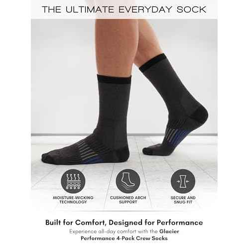 Men's Cushioned Moisture-Wicking Crew Socks (4-Pack) Mid-Weight Work Socks Moisture-Wicking, Arch Support, Fits Sizes 6-12