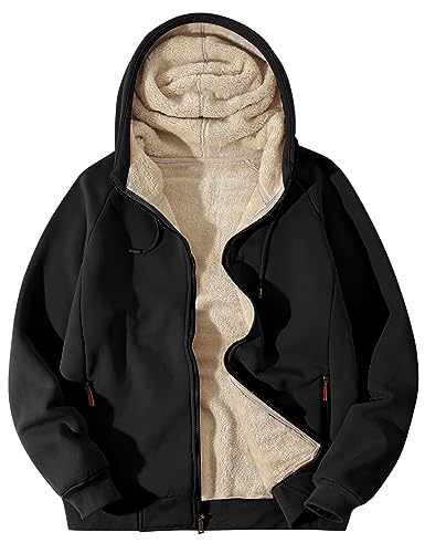 Flygo Sherpa Hoodies for Men Black Large Zip Up Winter Fleece Lined Hoodie