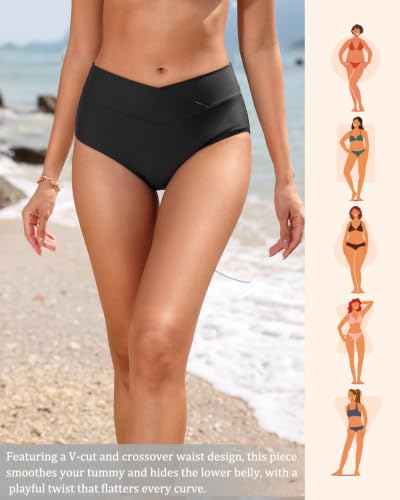 Women High Waisted Cross Front V Cut Bikini Bottoms - Medium Black