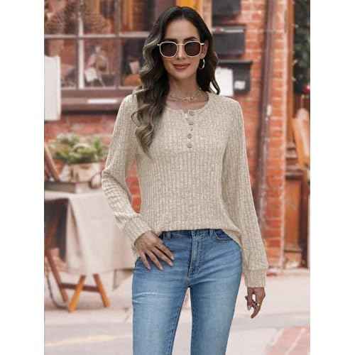 MixShe Womens Henley Sweaters 2025 Fall Winter Ribbed Knit V Neck Button Pullover Long Sleeve Tops
