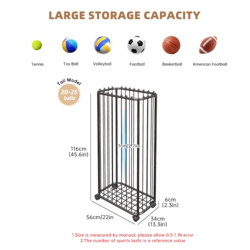 Black Garage Ball Storage Rack - Holds 20-25 Sports Balls, 22"L x 13.3"W x 45.6"H, Heavy Duty Metal Organizer