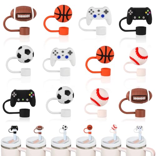 Baseball Straw Cover Caps 12 Pack - BPA-Free Silicone Drink Accessories for Stanley