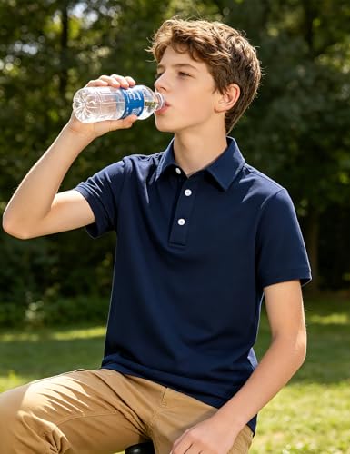 Boys Polo Stripe Shirt Short Sleeve Golf Top Size 5-14 Navy Blue 11-12 Years