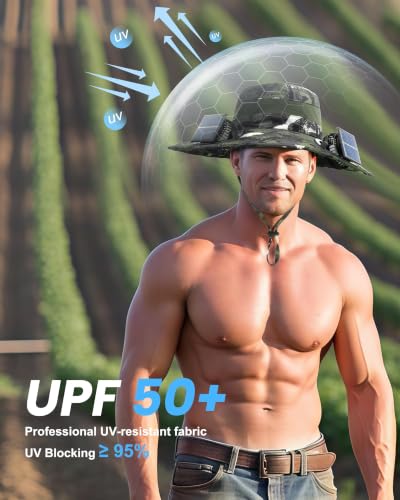 Wide Brim Sun Hat with 2 Solar Fans for Men Women UPF 50+ Garden Beach Grey Medium