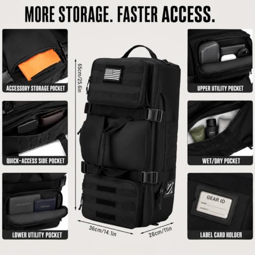 Black 65L Large Tactical Duffle Bag - 3-in-1 Travel & Gym Backpack