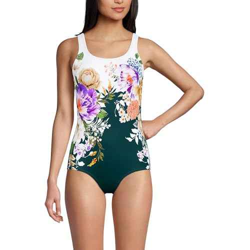 Lands' End Womens Chlorine Resistant Tugless Tank Soft Cup One Piece Swimsuit Deep Balsam Floral Placement Long Torso 4