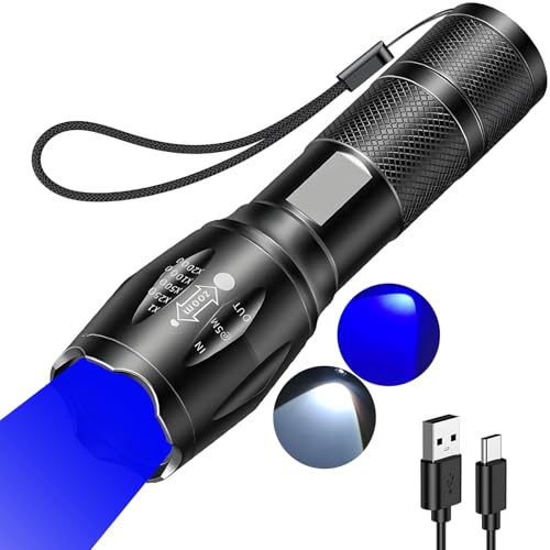 Blue Light Rechargeable LED Flashlight with Zoom, 2000 Lumens, Portable & Waterproof