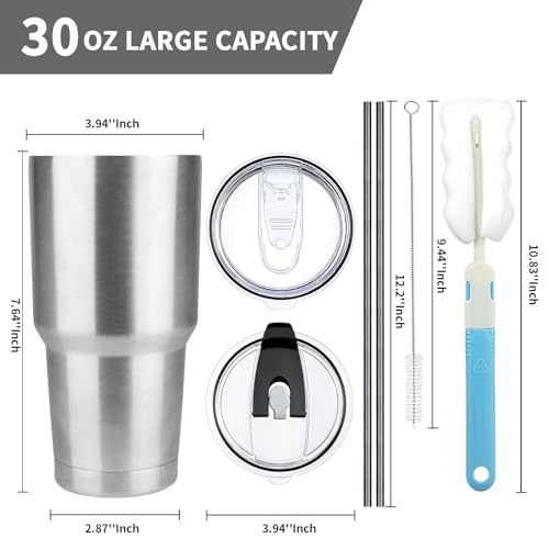 30 oz Stainless Steel Insulated Travel Mug with Lid & Straw - Silver