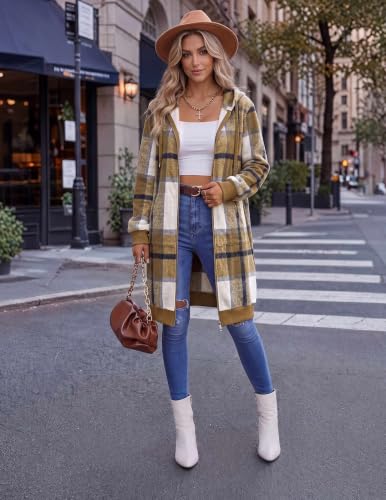Women Casual Zip Up Fleece Hoodies Tunic Sweatshirt Long Jacket XL Khaki Plaid