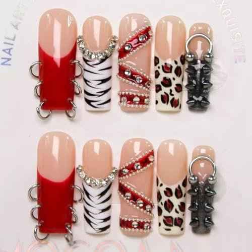 100% 5D Handmade Press on Nails with Charms Long Square Nails Press ons- Red French Tips False Nails Rhinestone Brown Leopard Fall Press on Nails for Women Girls Daily Wear DIY Manicure Size M