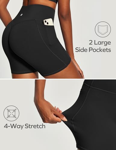 Medium Black Butt Lifting Biker Shorts Women Tummy Control Pockets High Waist Yoga Workout