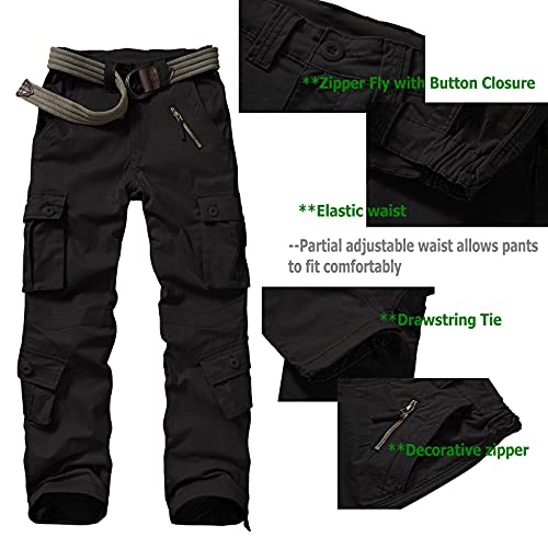 Women's Cotton Military Cargo Work Pants with 8 Pockets - Black, Size 2