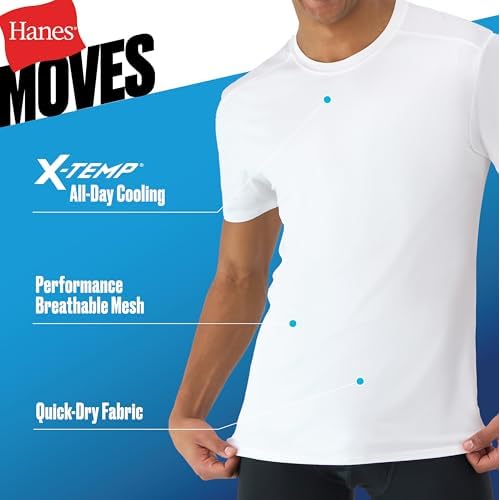 Hanes Men's Moves Breathable Mesh Back T-Shirt, X-Temp Moisture-Wicking Tee, White or Black/Grey, 3-Pack