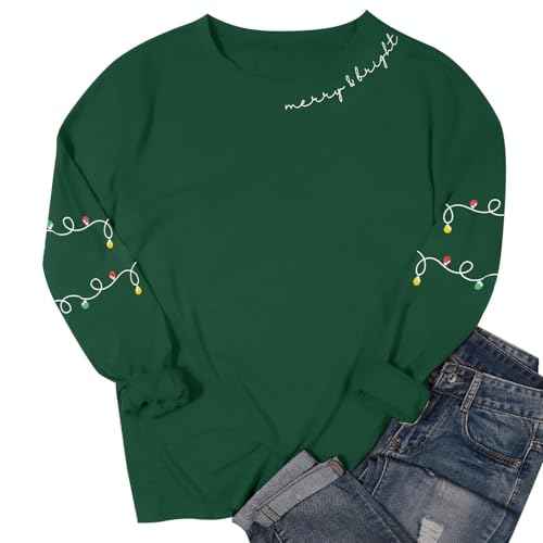 Christmas Sweatshirt for Women Christmas Light Sweatshirts Merry And Bright Xmas Long Sleeve Shirts Crewneck Pullover Tops